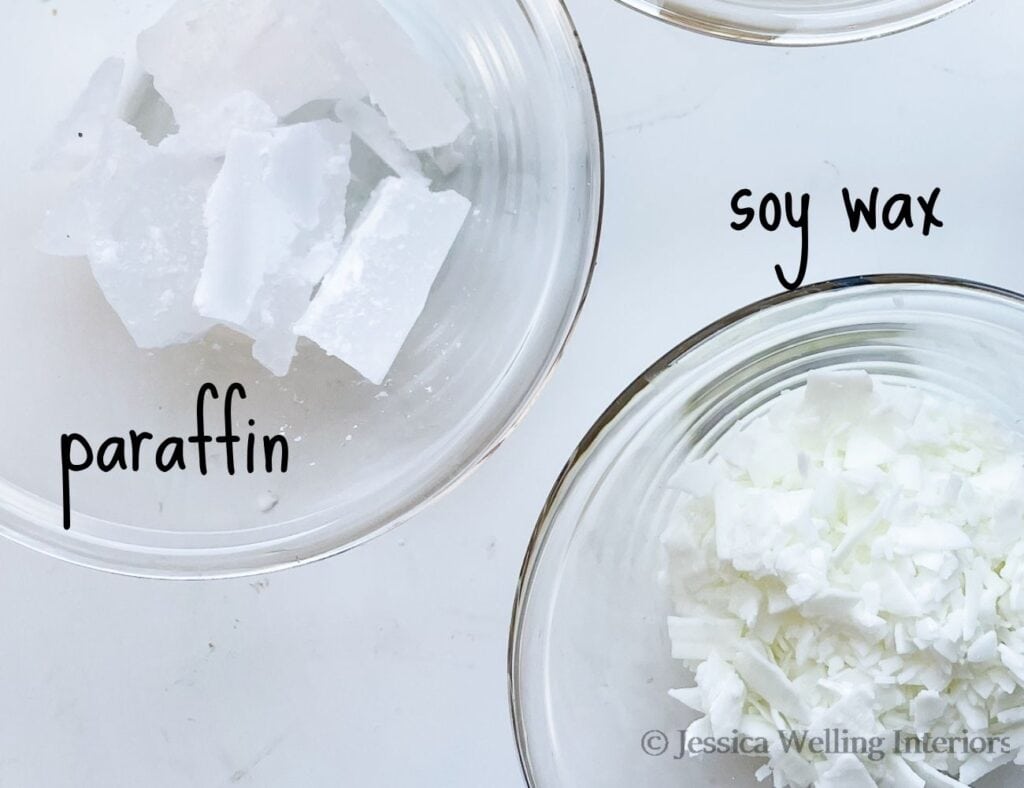 photo of chunks of paraffin wax and soy wax flakes in bowls