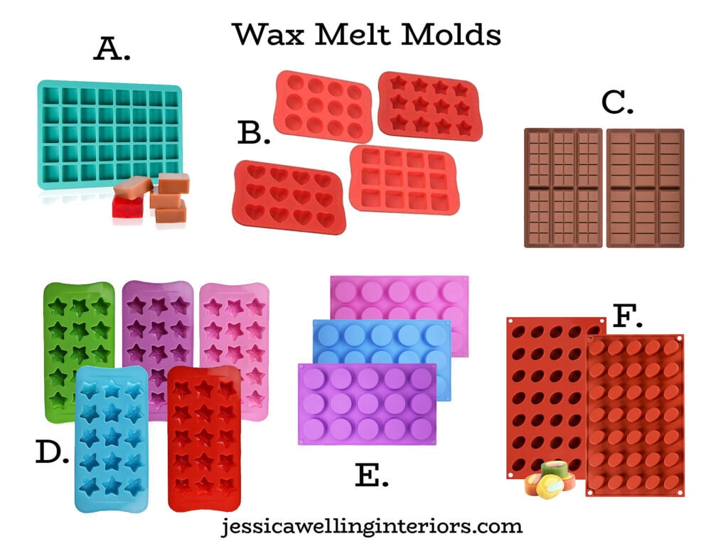 collage of wax melt molds in basic shapes- squares, circles, ovals, hearts, and stars