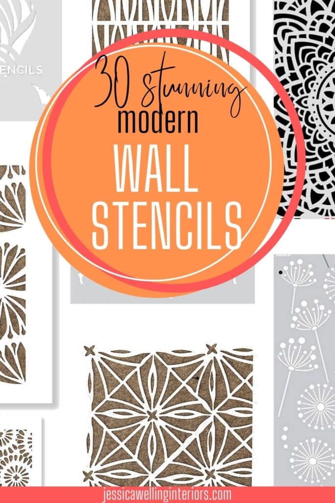 30 Stunning Modern Wall Stencils: collage of large wall stencils for painting with Moroccan patterns, geometric prints, and florals