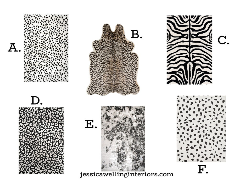 collection of Boho black and white animal print rugs in zebra, leopard spots, cheetah, dalmatian, etc.