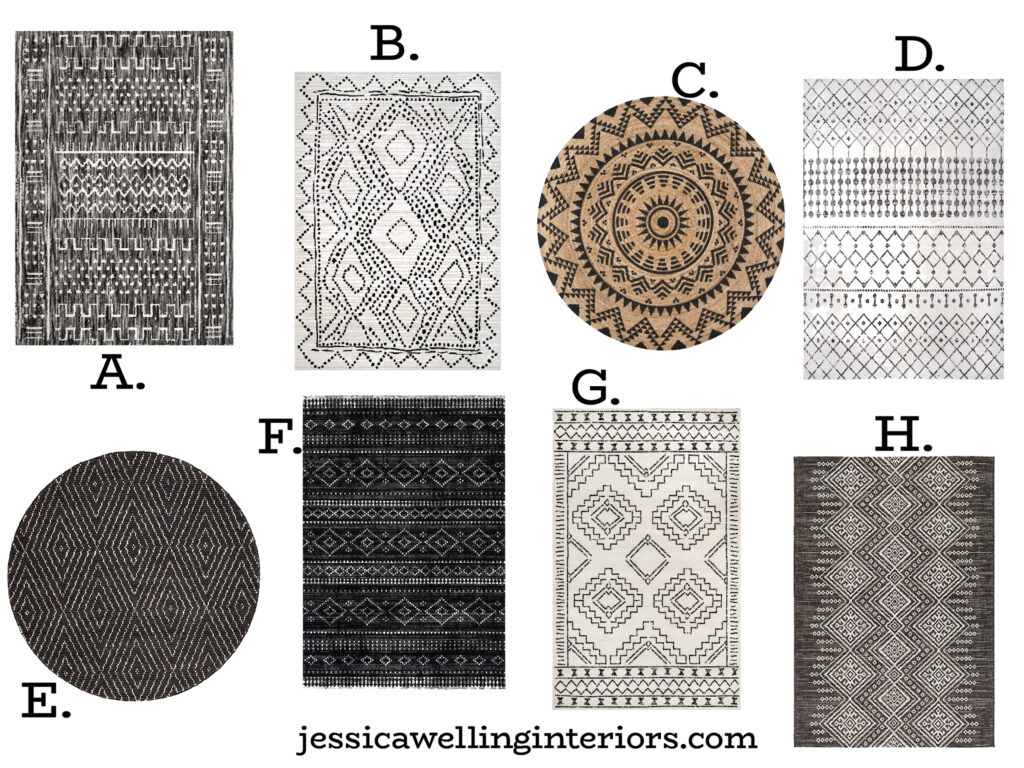 collection of modern Boho black and white tribal rugs in Moroccan patterns