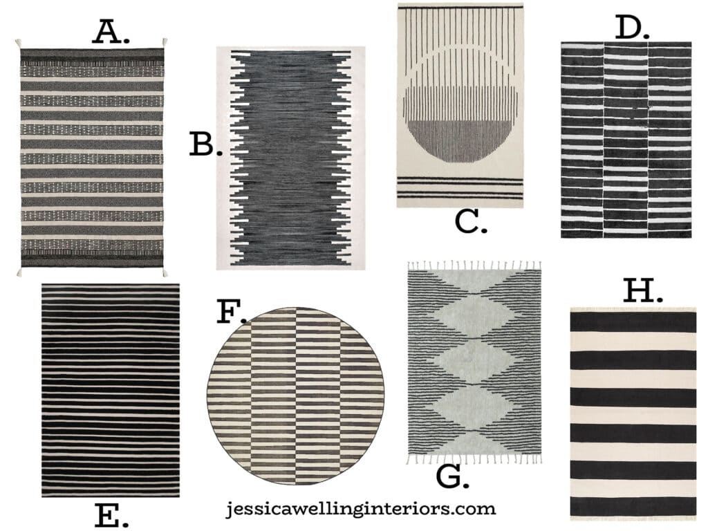 collection of inexpensive black and white striped rugs available online