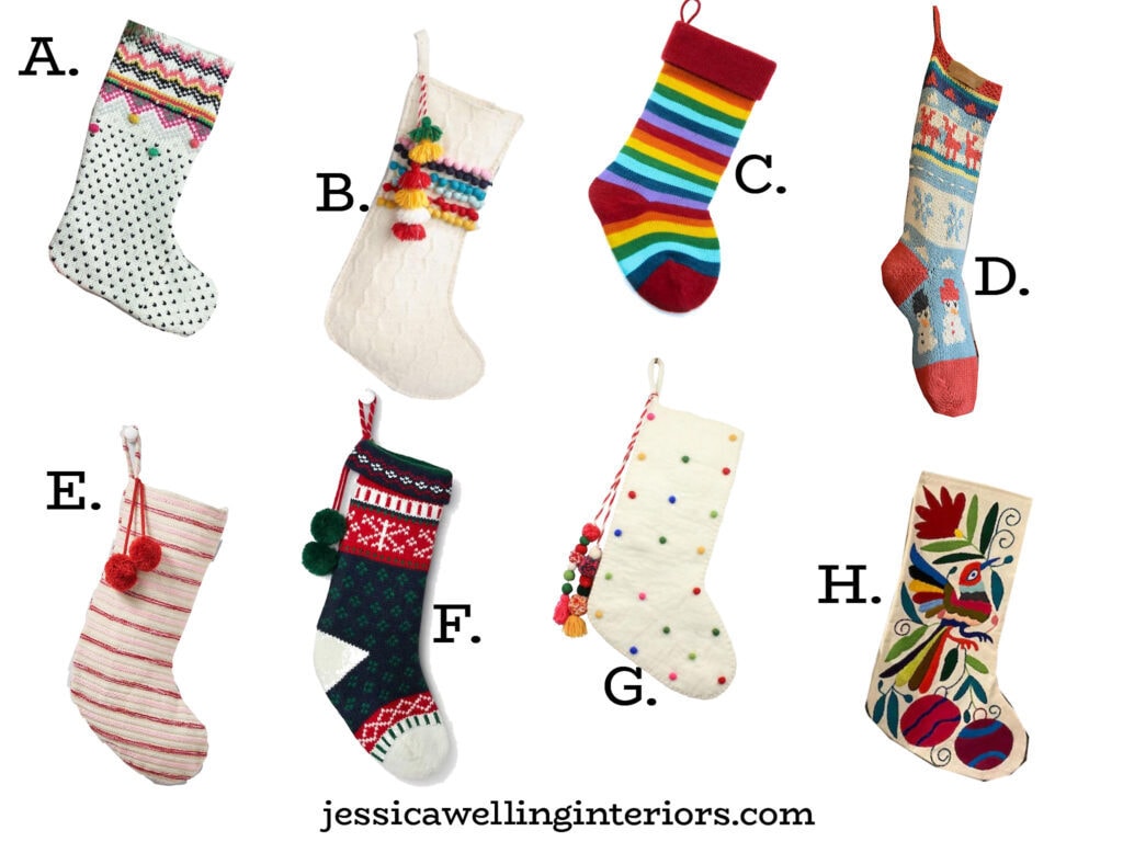 collage of colorful Christmas stockings in otomi, Fair Isle, rainbow stripes, and hand-knitted Boho patterns
