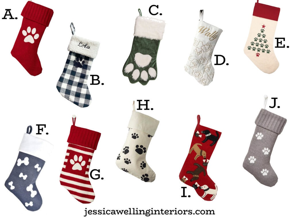 collage of Christmas stockings for dogs with paw prints, bones, etc.