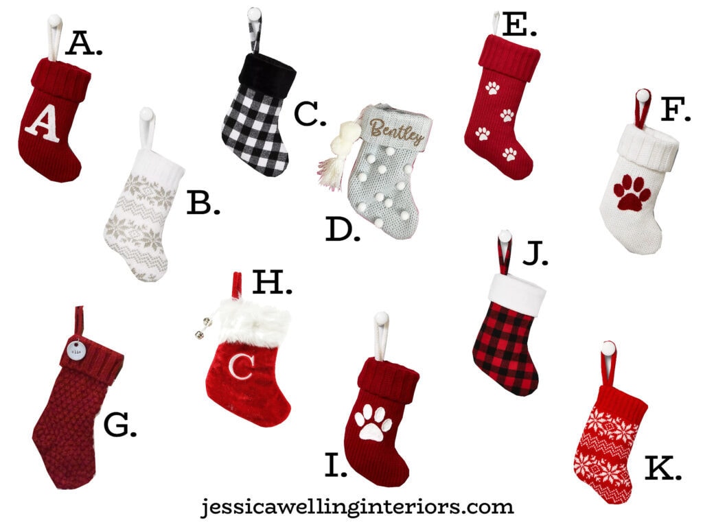 collage of mini Christmas stockings for pets with paw prints, bones, fair isle patterns, velvet and faux fur, tassels, and monograms