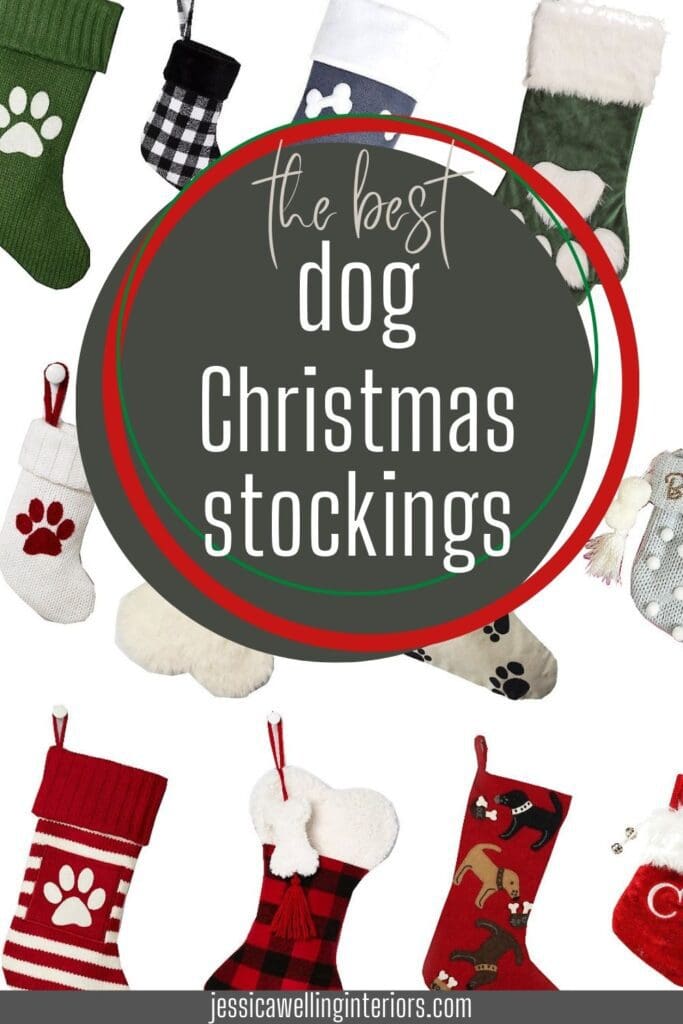 The Best Dog Christmas Stockings: collage of dog christmas stockings with paw prints, faux fur, bones, etc.