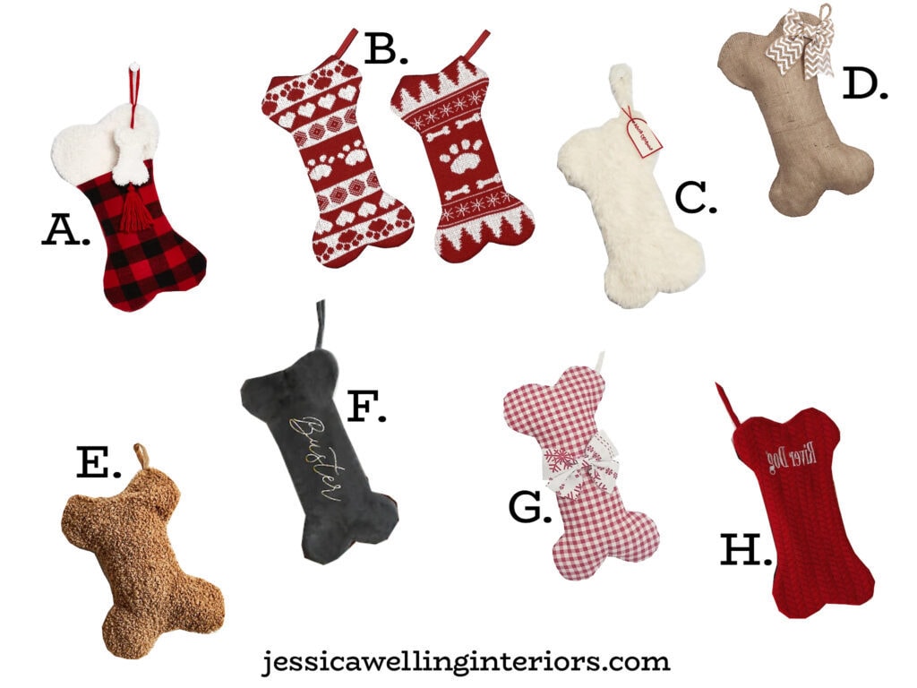 bone-shaped dog Christmas stocking collage with fair isle, buffalo plaid, faux fur, burlap, and velvet to go with any Christmas decorating style