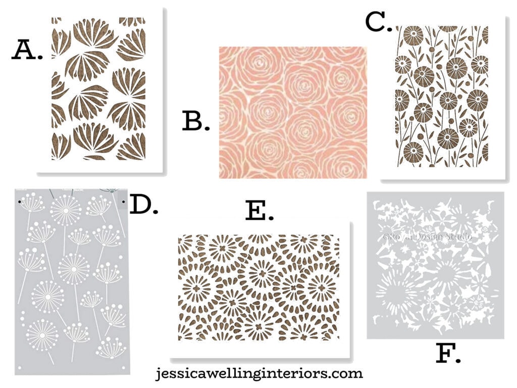 collage of flower stencils for walls in modern and Boho patterns