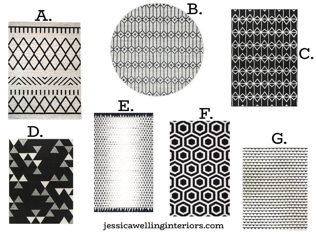 collage of black and white geometric rugs in 6x9 and 8x10 sizes