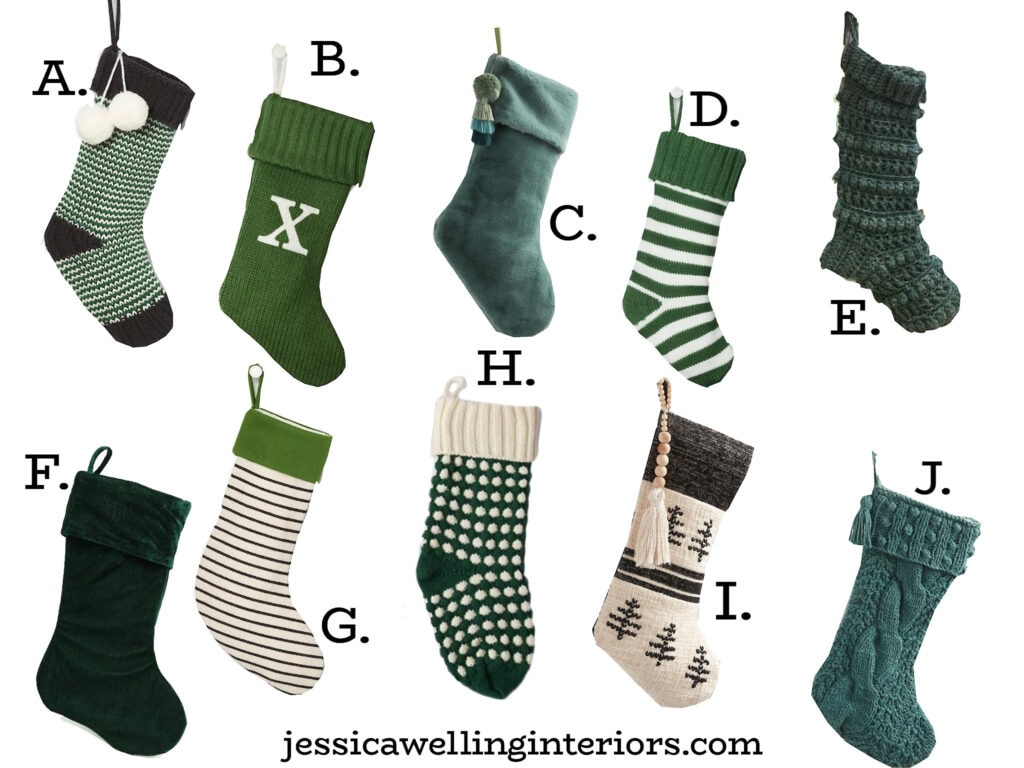 green Christmas stockings in Boho, striped, and farmhouse styles with tassels and pom poms