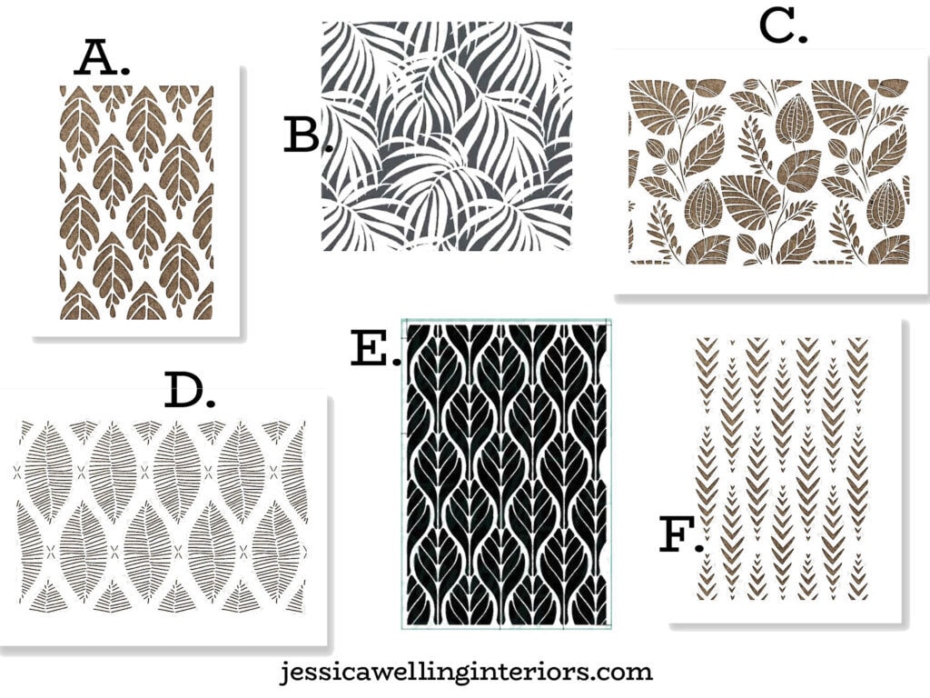 collection of botanical and leaf stencils for walls with tribal, tropical, and Scandinavian patterns