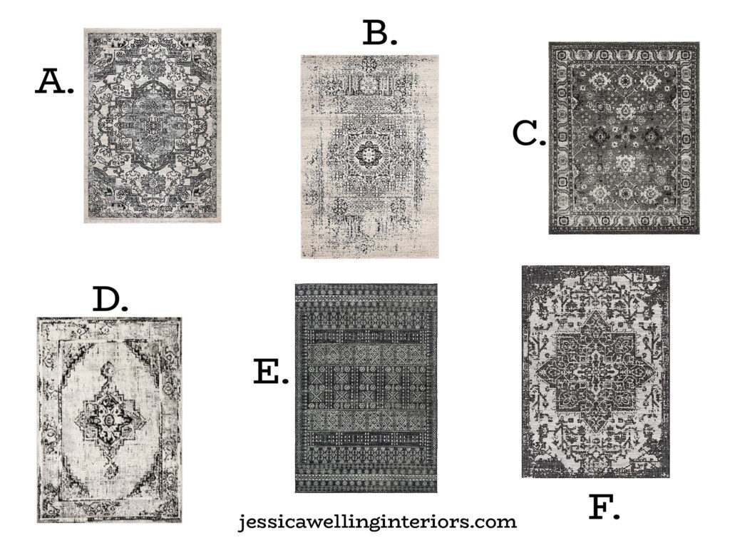 collage of black and white oriental rugs with Moroccan, Persian, and tribal patterns