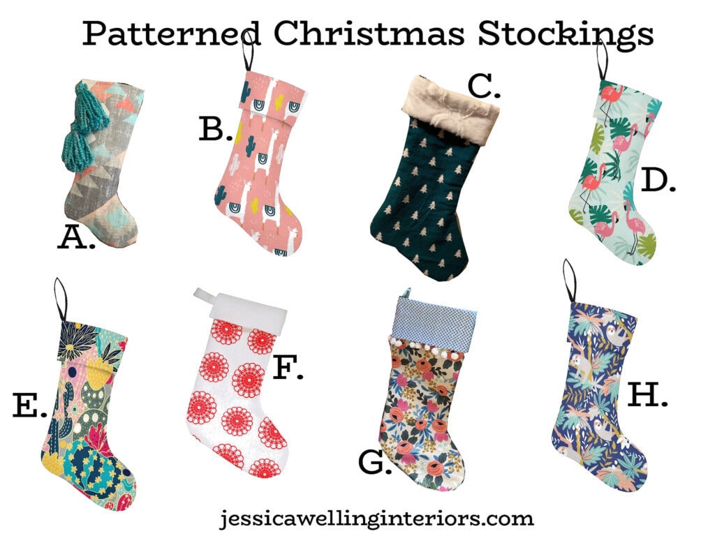 Christmas stockings with modern Boho prints in vibrant colors