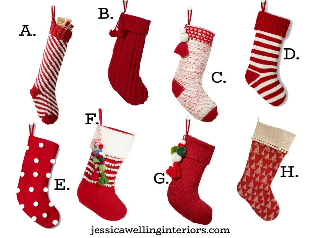 collage of modern red Christmas stockings with stripes, pom poms, and tassels