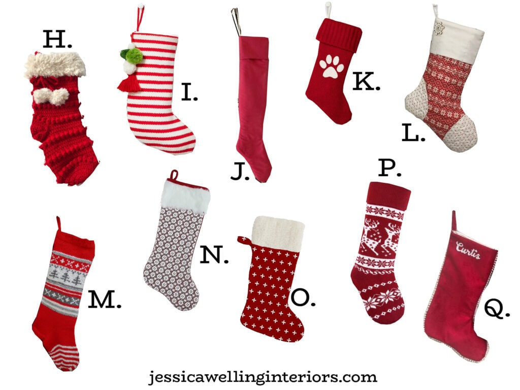 collage of Boho red Christmas stockings in Fair Isle patterns, knitted, patterned, etc.