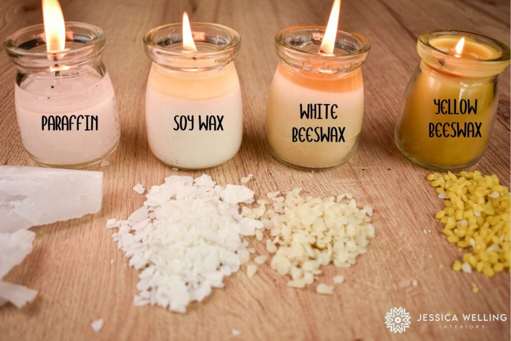 4 candles made with 4 different types of wax- soy, paraffin, and beeswax
