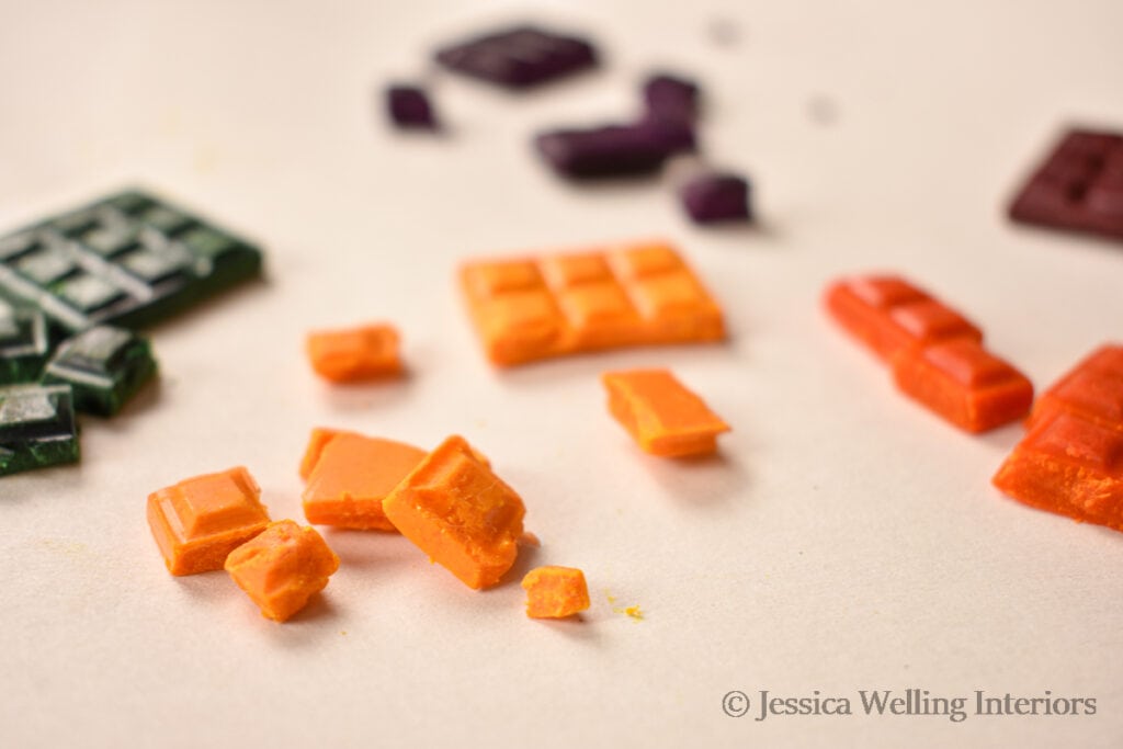 close-up of blocks of wax dye for DIY candle making