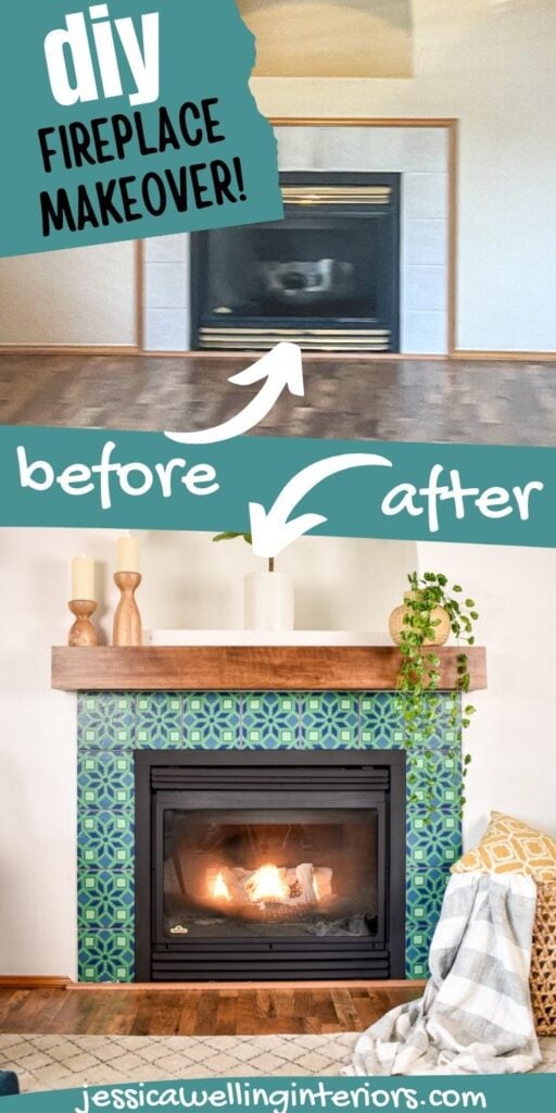 DIY Fireplace Makeover before & After painted fireplace tile makeover