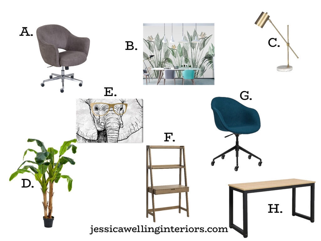 home office gifts for her over $100 collage including 2 desks, 2 task chairs, a large artificial banana tree, wall art, and a peel and stick wall mural