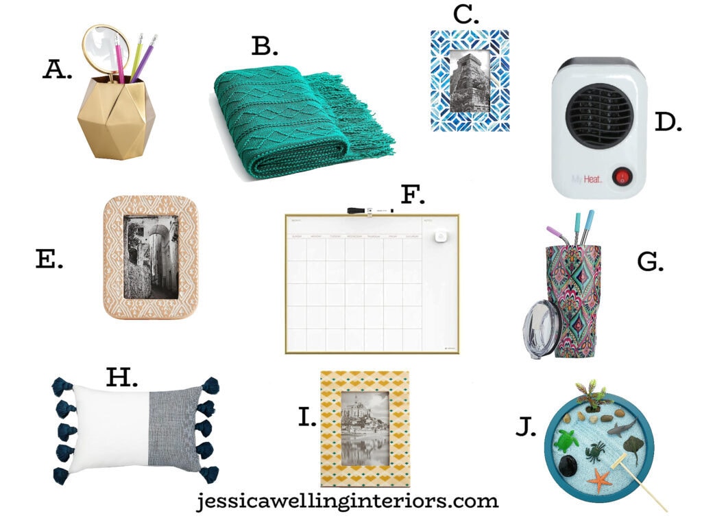 collage of inexpensive home office gift ideas under $20, including a gold pencil cup, mini space heater, picture frames, whiteboard calendar, throw pillow, tumbler, and zen garden