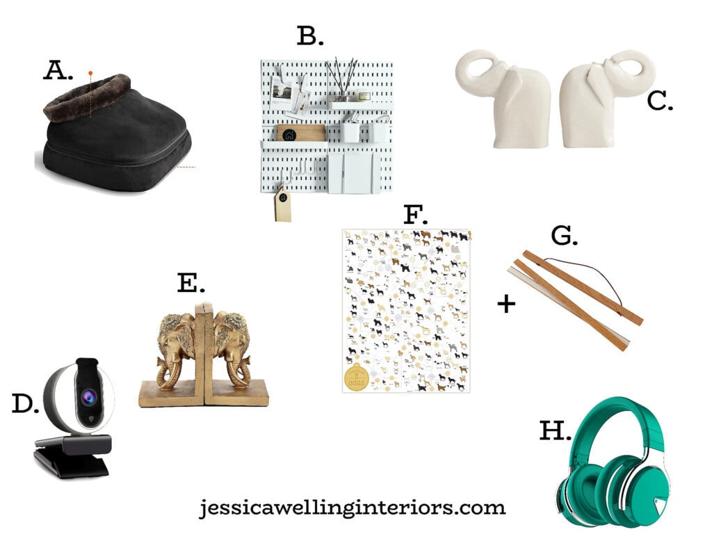 collage of home office gifts under $50, including a heated foot massager, elephand bookends, pegboard, webcam, and headphones