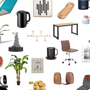 collage of office gifts for guys from mugs to desk toys to task chairs
