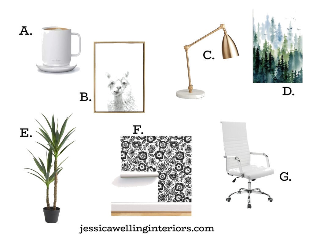 gift ideas for a home office under $100 including an Ember mug, llama painting, gold desk lamp, wallpaper, large artificial plant, and desk chair