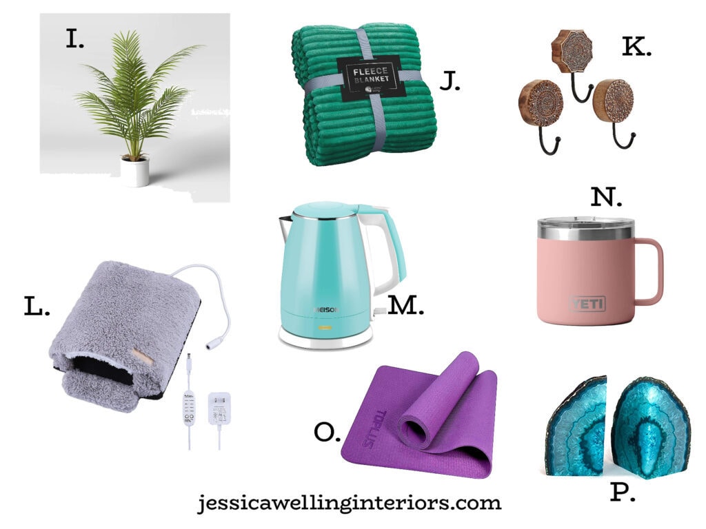 gift ideas for her home office- electric kettle, geode bookends, yoga mat, heated mousepad, Yeti mug, wall hooks, throw blanket, and faux potted plant