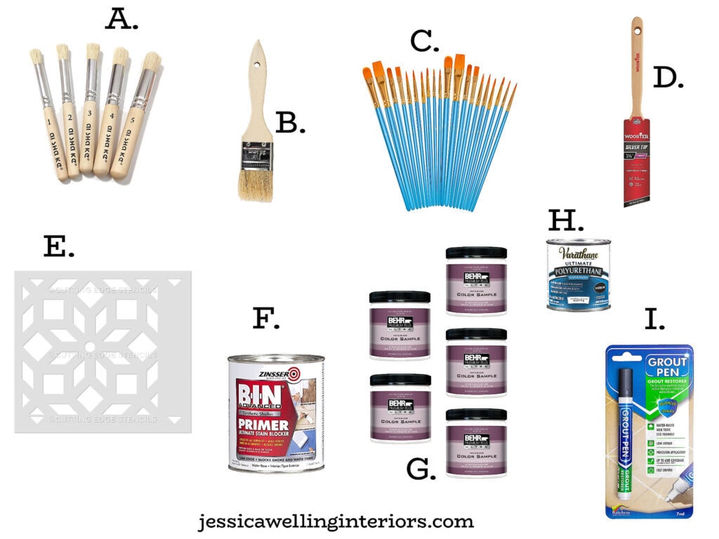 materials for painting fireplace tile: stencil brushes, paintbrushes, paint, primer, tile stencil, and polyurethane