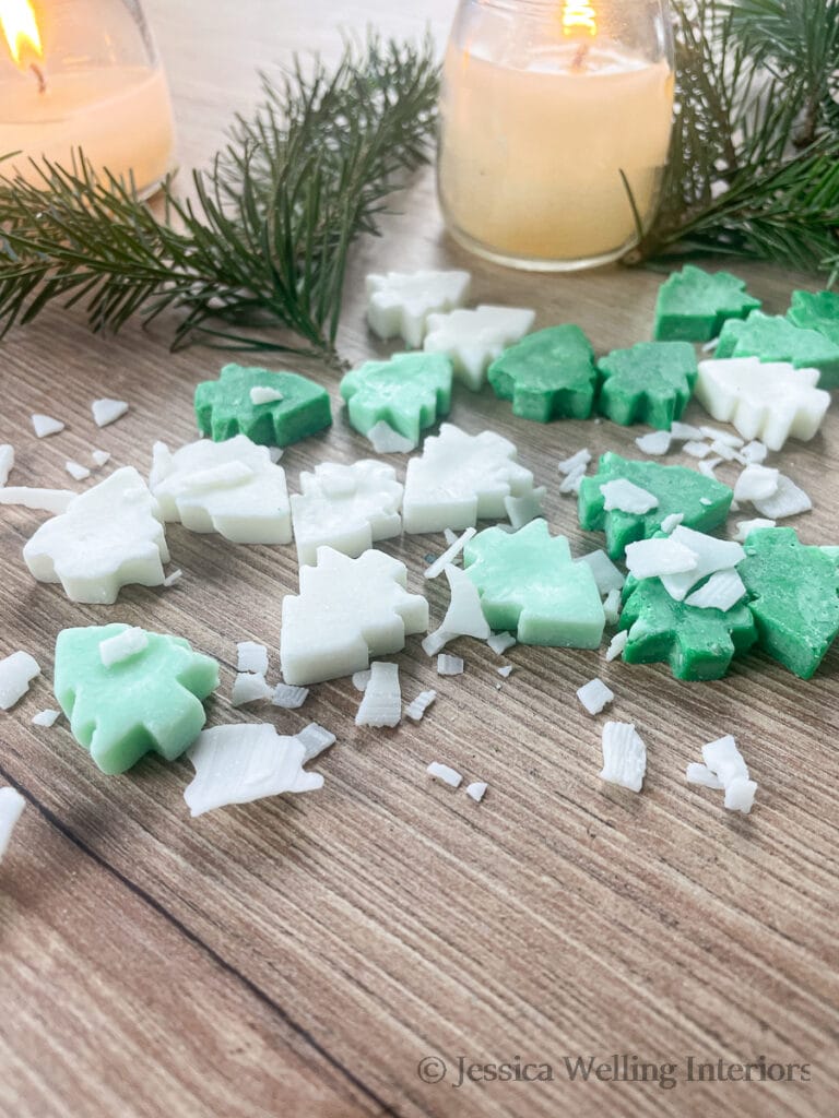 Christmas tree shaped soy wax melts on a wood table