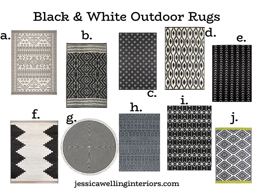 collage of modern black and white outdoor rugs with tribal, Moroccan, Southwestern, and Boho patterns