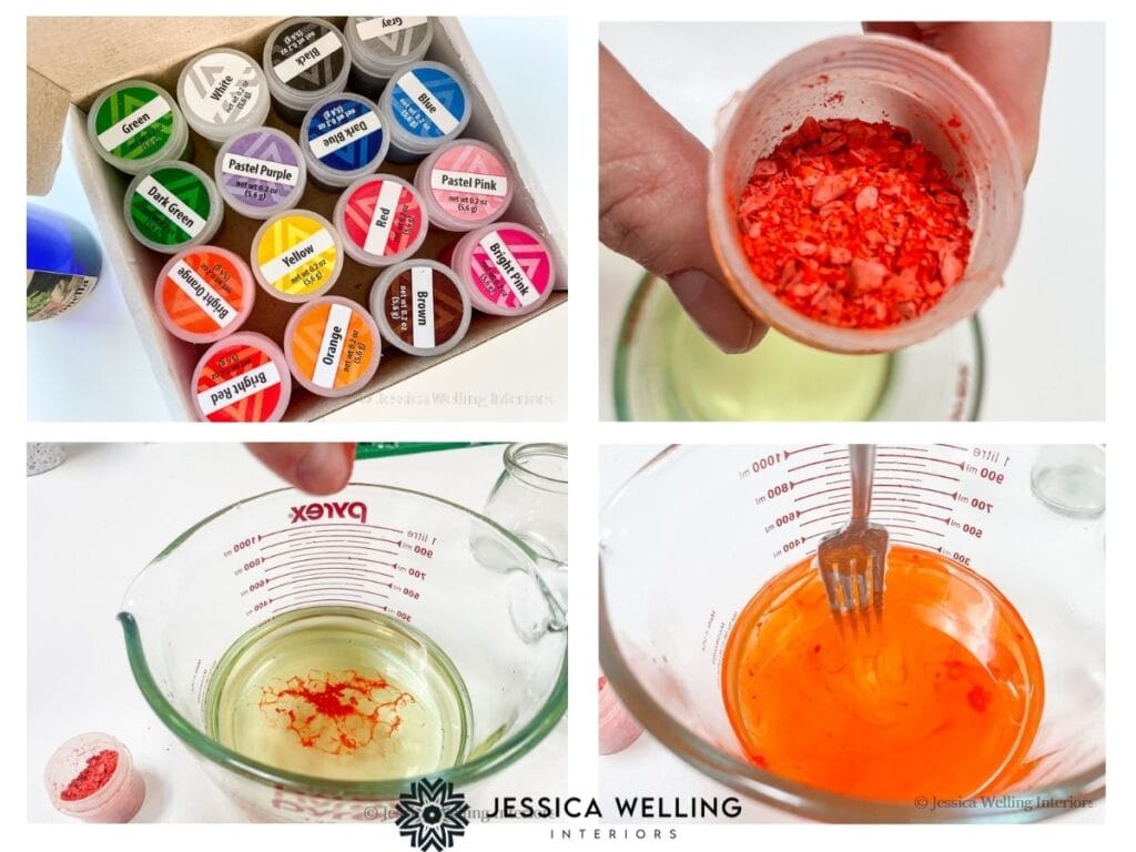 collage of four photos- wax dye kit with multiple colors, close-up of container of orange wax dye chips in a container, orange wax dye melting into a bowl of hot wax, and orange wax being stirred with a fork