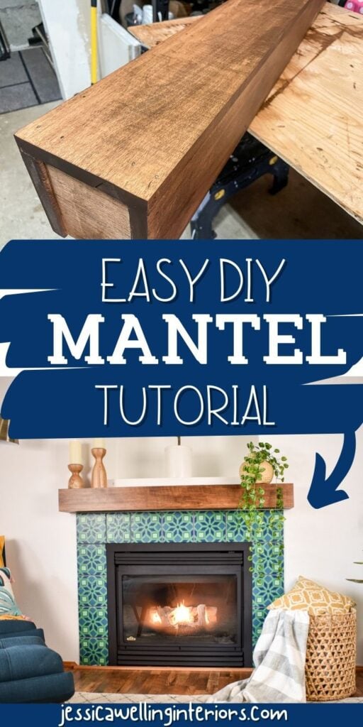 Easy DIY Mantel Tutorial: wood box beam mantel on a workbench and finished fireplace with DIY mantle in place