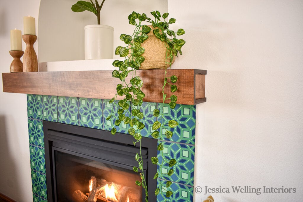 finished box beam mantel fireplace