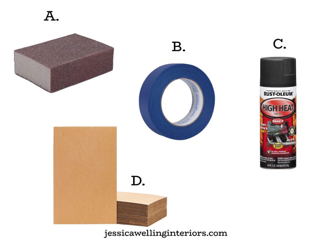 collage of supplies needed for a DIY fireplace makeover: sanding block, painter's tape, high heat paint for fireplace, and large pieces of cardboard