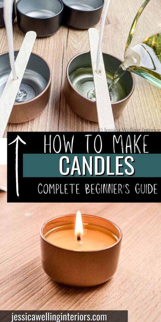 How to Make Candles: Complete Beginner's Guide; candle tins lined up with wicks and wick holders, with hot wax being poured into them to make candles