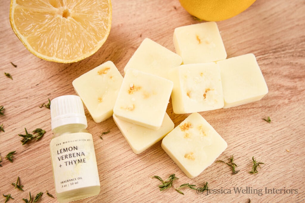 natural soy wax melts made with Lemon Verbena & Thyme candle fragrance oil from The Wooden Wick Co. and a lemon