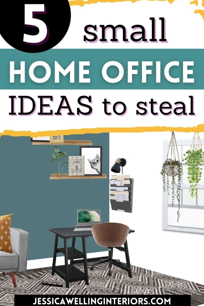 5 Small Home Office Ideas to Steal- modern home office design board with a wood desk, task chair, tribal rug, and office decor