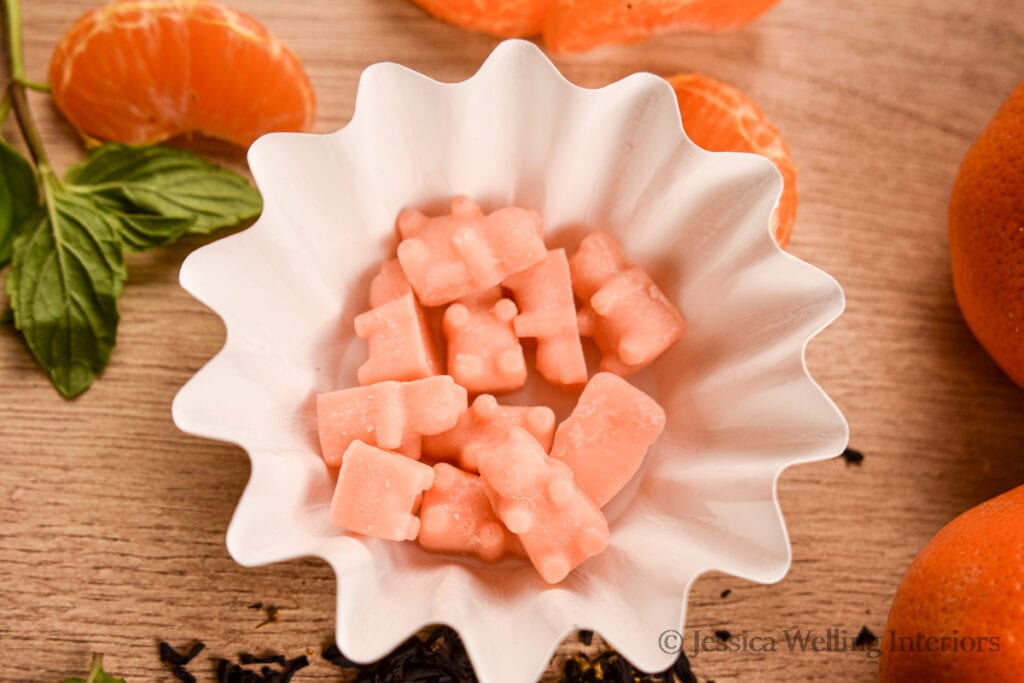 DIY wax melts made with a gummy bear mold in a wax melt liner