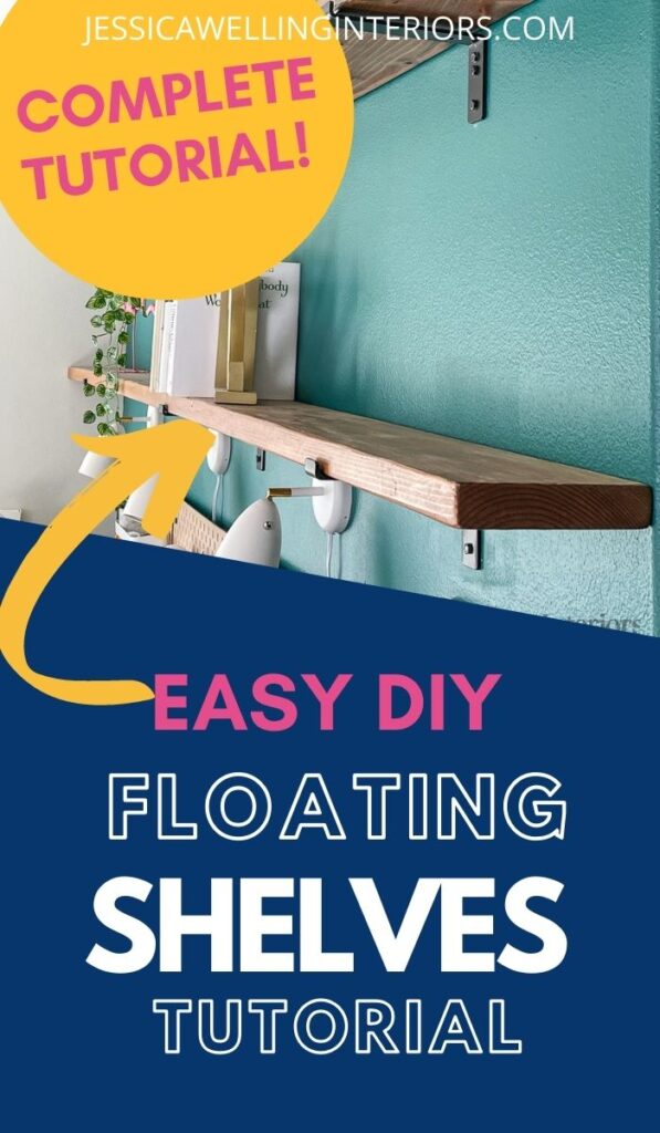 Easy DIY Floating Shelves Tutorial; close-up of wood floating shelves above a desk