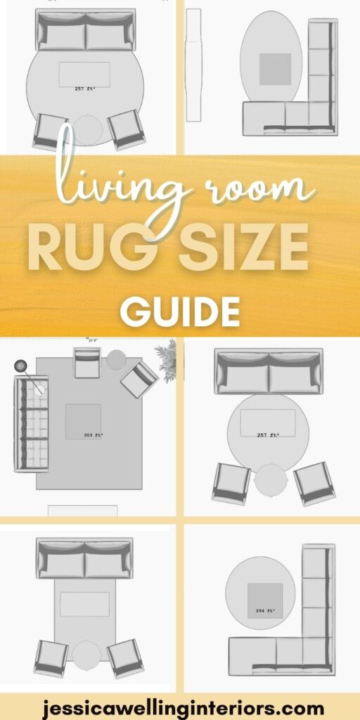 Living Room Rug Size Guide: collage of living room floorplans with different sizes and shapes of area rugs