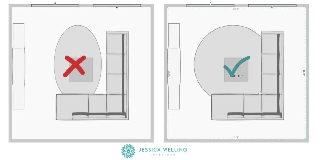 living room rug placement guide with correct and incorrect diagrams of rug sizes and shapes