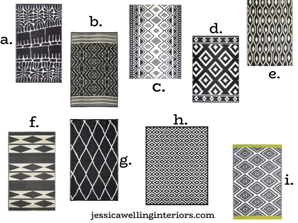 collage of black and white patterned outdoor rugs made of recycled plastic