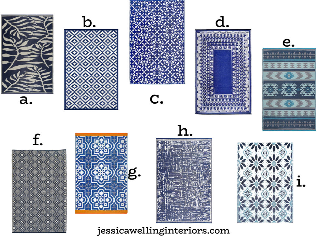 collage of blue plastic outdoor rugs
