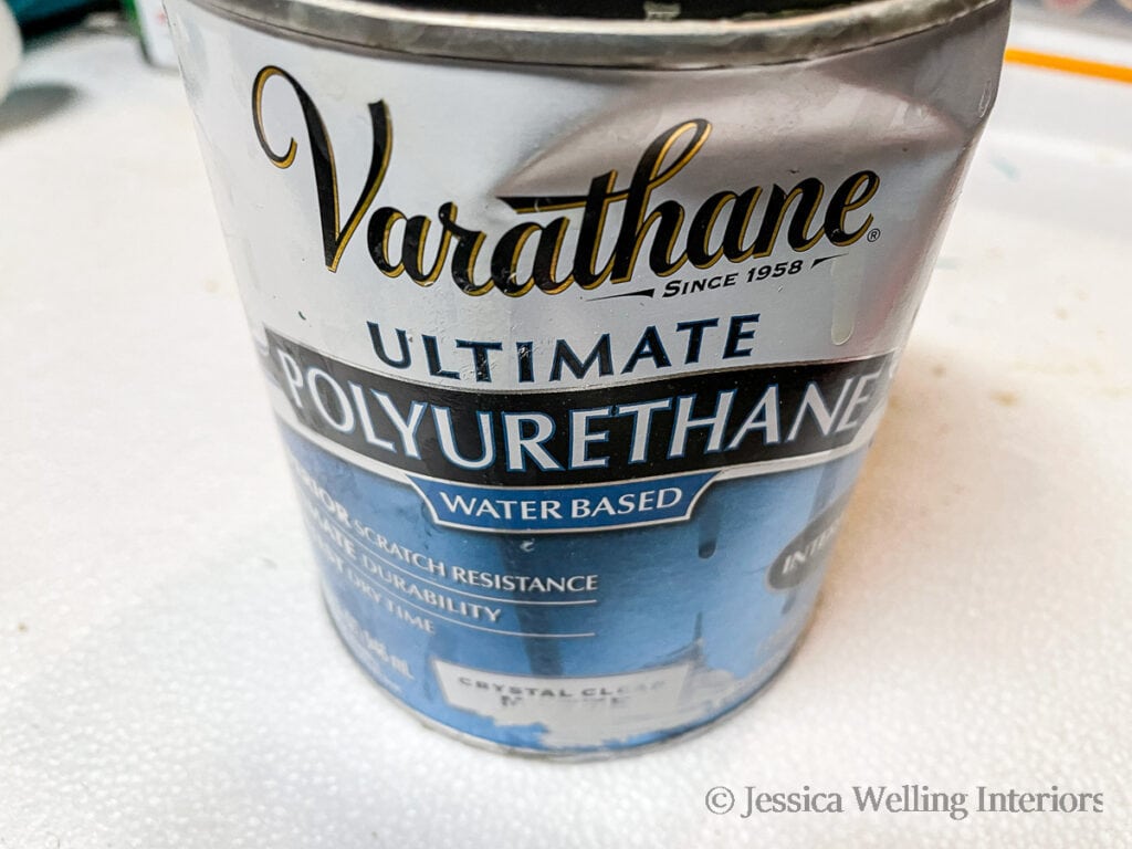 close-up of a can of Varathane water-based polyurethane
