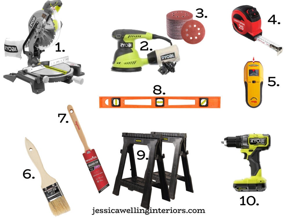 collage of tools needed to build DIY floating shelves: miter saw, orbital sander and sanding disks, tape measure, stud finder, chip brush, paintbrush, level, sawhorses, and drill