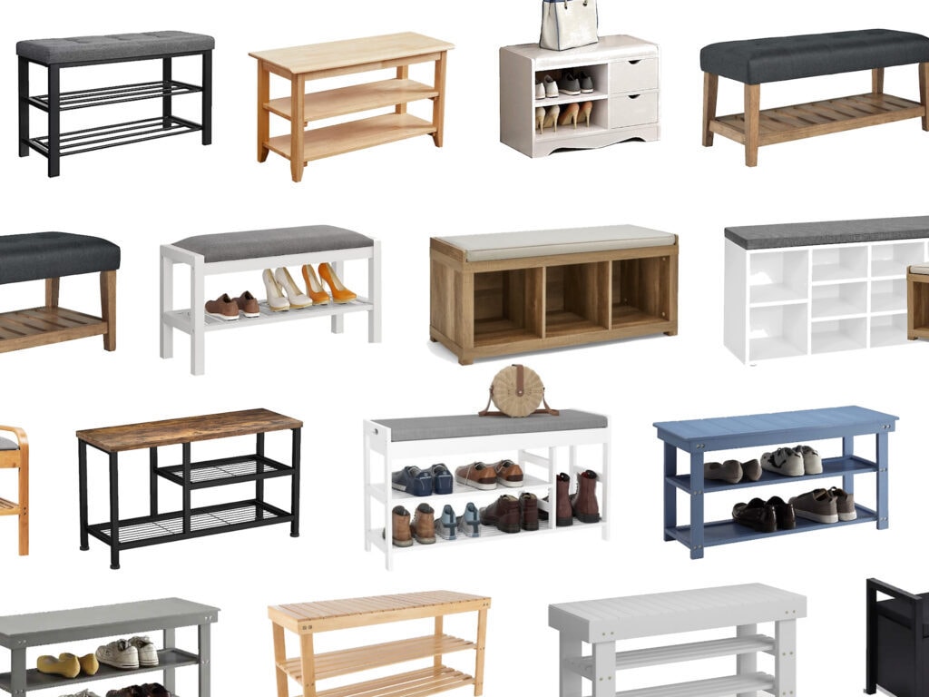 collage of entryway shoe storage benches in different colors, sizes, and materials like wood and metal