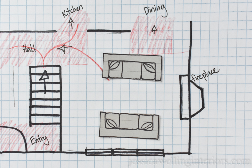 hand-drawn living room floorplan with two sofas facing each other to form a seating group