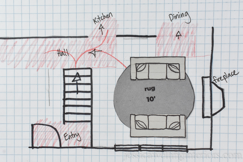 hand-drawn living room floorplan with two sofas and a 10' round rug