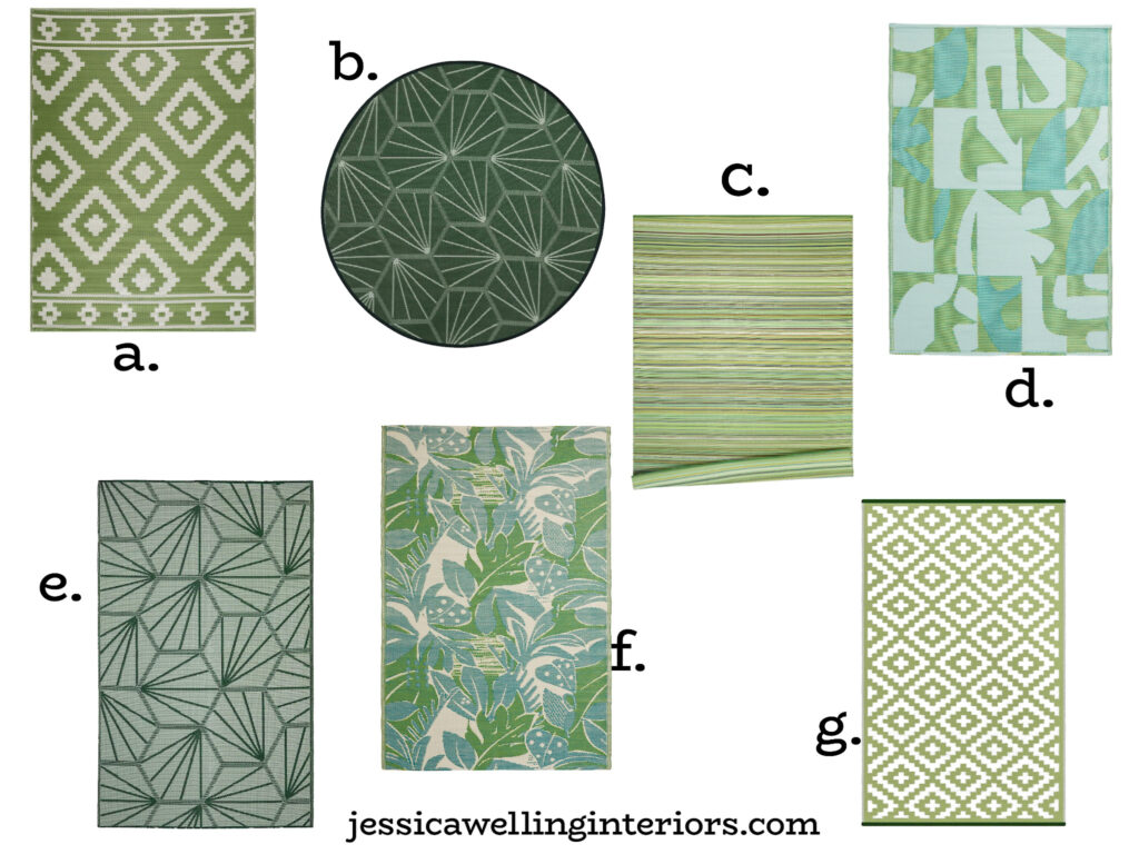 collage of green plastic outdoor rugs